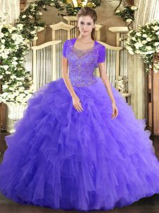 Lavender Sleeveless Beading and Ruffled Layers Floor Length Vestidos de Quinceanera
