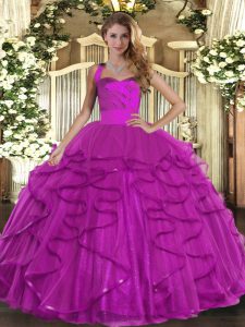 Luxurious Sleeveless Tulle Floor Length Lace Up Ball Gown Prom Dress in Fuchsia with Ruffles