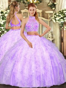 Fancy Halter Top Sleeveless Sweet 16 Quinceanera Dress Floor Length Beading and Ruffles Lilac Tulle