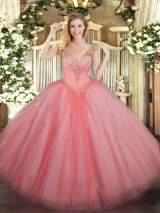 Enchanting Watermelon Red Lace Up V-neck Beading Sweet 16 Quinceanera Dress Tulle Sleeveless