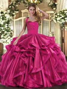 Glamorous Floor Length Fuchsia Vestidos de Quinceanera Halter Top Sleeveless Lace Up