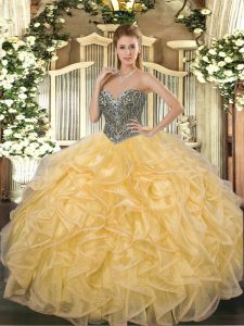 Modest Gold Sweetheart Lace Up Beading and Ruffles 15 Quinceanera Dress Sleeveless