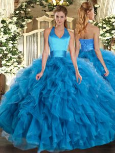 Baby Blue Ball Gowns Organza Halter Top Sleeveless Ruffles Floor Length Lace Up Quinceanera Dress