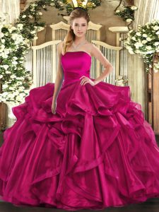 Latest Sleeveless Floor Length Ruffles Lace Up Quinceanera Dress with Hot Pink