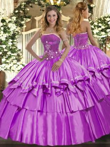 Lilac Organza and Taffeta Lace Up Strapless Sleeveless Floor Length 15th Birthday Dress Beading and Ruffled Layers