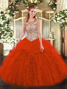 Red Lace Up Scoop Beading and Ruffles Quince Ball Gowns Tulle Sleeveless