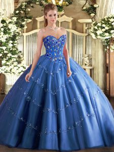 Floor Length Lace Up Ball Gown Prom Dress Blue for Military Ball and Sweet 16 and Quinceanera with Appliques and Embroidery