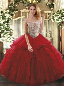 Modest Floor Length Wine Red Vestidos de Quinceanera Off The Shoulder Sleeveless Lace Up