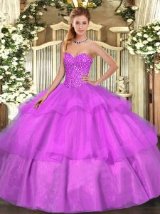 Pretty Tulle Sleeveless Floor Length 15th Birthday Dress and Beading and Ruffled Layers
