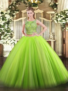 Hot Selling Scoop Sleeveless Lace Up Quinceanera Gowns Green Tulle