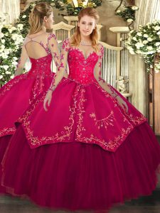 Scoop Long Sleeves Lace Up Quinceanera Dress Wine Red Organza and Taffeta