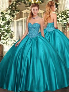 Pretty Teal Ball Gowns Sweetheart Sleeveless Satin Floor Length Lace Up Beading 15th Birthday Dress