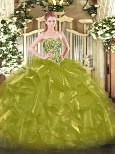 Floor Length Lace Up Sweet 16 Dress Olive Green for Military Ball and Sweet 16 and Quinceanera with Beading and Ruffles