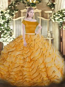 Orange Two Pieces Appliques and Ruffled Layers Sweet 16 Dresses Zipper Tulle Short Sleeves