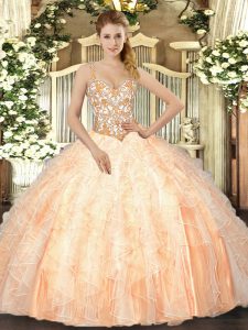 Peach Organza Lace Up Vestidos de Quinceanera Sleeveless Floor Length Beading and Ruffles
