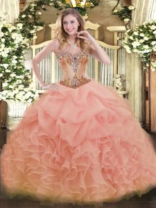 Sophisticated Peach Organza Lace Up Sweetheart Sleeveless Floor Length Quince Ball Gowns Beading and Ruffles and Pick Ups