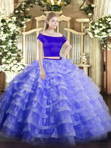 Blue Two Pieces Tulle Off The Shoulder Short Sleeves Appliques and Ruffled Layers Floor Length Zipper Ball Gown Prom Dress