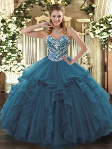 Custom Designed Teal Quinceanera Dresses Military Ball and Sweet 16 and Quinceanera with Beading and Ruffles Sweetheart Sleeveless Lace Up