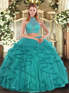 Free and Easy Turquoise Two Pieces Beading and Ruffled Layers Quinceanera Dress Criss Cross Tulle Sleeveless Floor Length