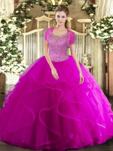 Luxury Fuchsia Clasp Handle Quince Ball Gowns Beading and Ruffled Layers Sleeveless Floor Length