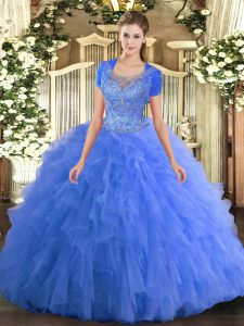 Baby Blue Tulle Clasp Handle Quinceanera Dresses Sleeveless Floor Length Beading and Ruffled Layers