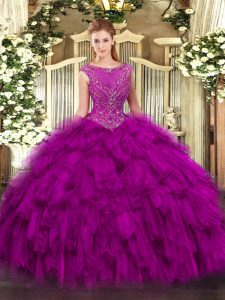 Fuchsia Ball Gowns Scoop Sleeveless Organza Floor Length Zipper Beading and Ruffles Quince Ball Gowns