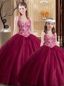 Customized Sleeveless Floor Length Lace Lace Up Quince Ball Gowns with Wine Red
