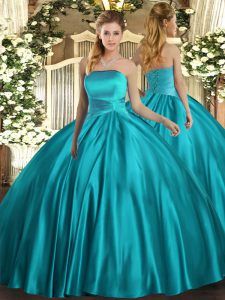 Teal Ball Gowns Strapless Sleeveless Satin Floor Length Lace Up Ruching Quinceanera Gown