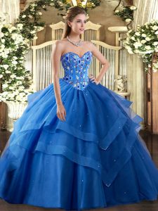 Noble Blue Lace Up 15th Birthday Dress Embroidery and Ruffled Layers Sleeveless Floor Length