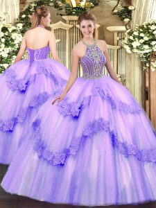 Custom Made Lavender Sleeveless Beading and Appliques Floor Length Quince Ball Gowns