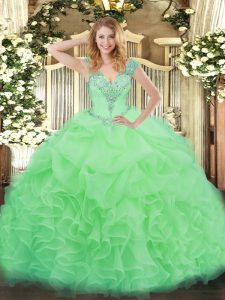 Organza V-neck Sleeveless Lace Up Ruffles Quinceanera Dress in Apple Green