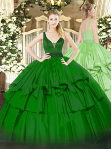 Green Ball Gowns Beading and Ruffled Layers Quinceanera Gowns Zipper Organza Sleeveless Floor Length