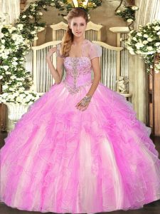 Vintage Floor Length Lilac Sweet 16 Dress Tulle Sleeveless Appliques and Ruffles