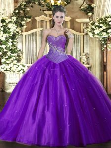 Admirable Eggplant Purple Sweetheart Neckline Beading Quince Ball Gowns Sleeveless Lace Up