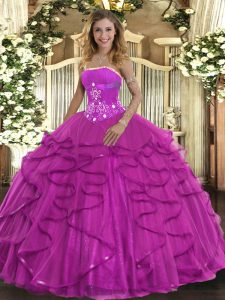 Charming Floor Length Lace Up Ball Gown Prom Dress Fuchsia for Military Ball and Sweet 16 and Quinceanera with Beading and Ruffles