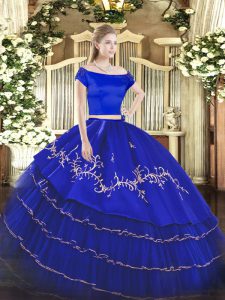 Traditional Royal Blue Two Pieces Off The Shoulder Short Sleeves Organza and Taffeta Floor Length Zipper Embroidery and Ruffled Layers Quince Ball Gowns