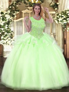 Lovely Yellow Green Ball Gowns Organza Scoop Sleeveless Beading Floor Length Zipper Sweet 16 Dress