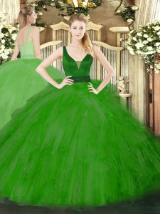 Cheap Beading and Ruffles Ball Gown Prom Dress Green Zipper Sleeveless Floor Length