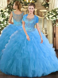 Floor Length Clasp Handle Quinceanera Gown Aqua Blue for Military Ball and Sweet 16 and Quinceanera with Beading and Ruffled Layers