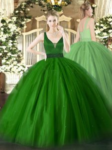 Green Ball Gowns Tulle Straps Sleeveless Beading Floor Length Zipper Quince Ball Gowns
