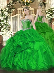 Green Ball Gowns Beading and Ruffles Ball Gown Prom Dress Lace Up Organza Sleeveless Floor Length