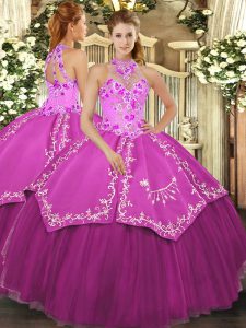 Dynamic Fuchsia Ball Gowns Halter Top Sleeveless Satin and Tulle Floor Length Lace Up Beading and Embroidery 15th Birthday Dress