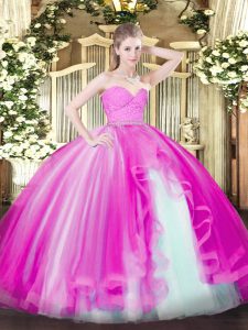 Fashionable Floor Length Fuchsia Sweet 16 Quinceanera Dress Tulle Sleeveless Beading and Lace and Ruffles