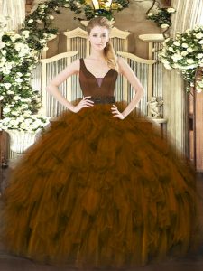 Brown Ball Gowns Organza Straps Sleeveless Beading and Ruffles Floor Length Zipper 15th Birthday Dress