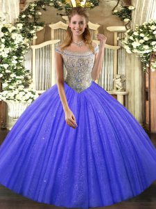 Flare Blue Tulle and Sequined Lace Up Off The Shoulder Sleeveless Floor Length Vestidos de Quinceanera Beading