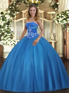 Affordable Baby Blue Lace Up Strapless Beading Quinceanera Gowns Tulle Sleeveless