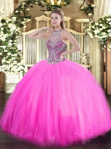 Rose Pink Ball Gowns Beading 15th Birthday Dress Lace Up Tulle Sleeveless Floor Length
