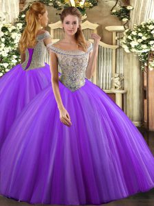 Floor Length Lavender Sweet 16 Dress Off The Shoulder Sleeveless Lace Up