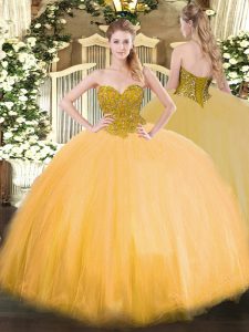 Sophisticated Tulle Sweetheart Sleeveless Lace Up Beading Quinceanera Dresses in Gold