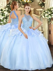 Sumptuous Light Blue Halter Top Lace Up Beading Sweet 16 Dress Sleeveless